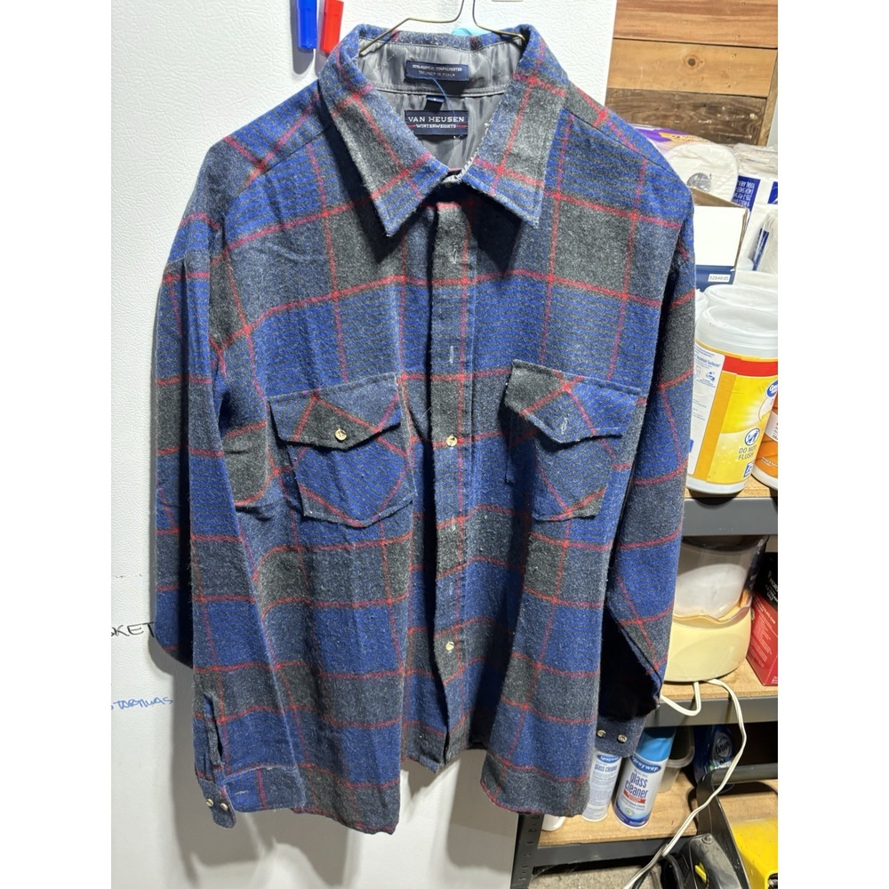 Vintage 70s 80s Van‎ Heusen Winterweights Acrylic Plaid Flannel Shirt Large
